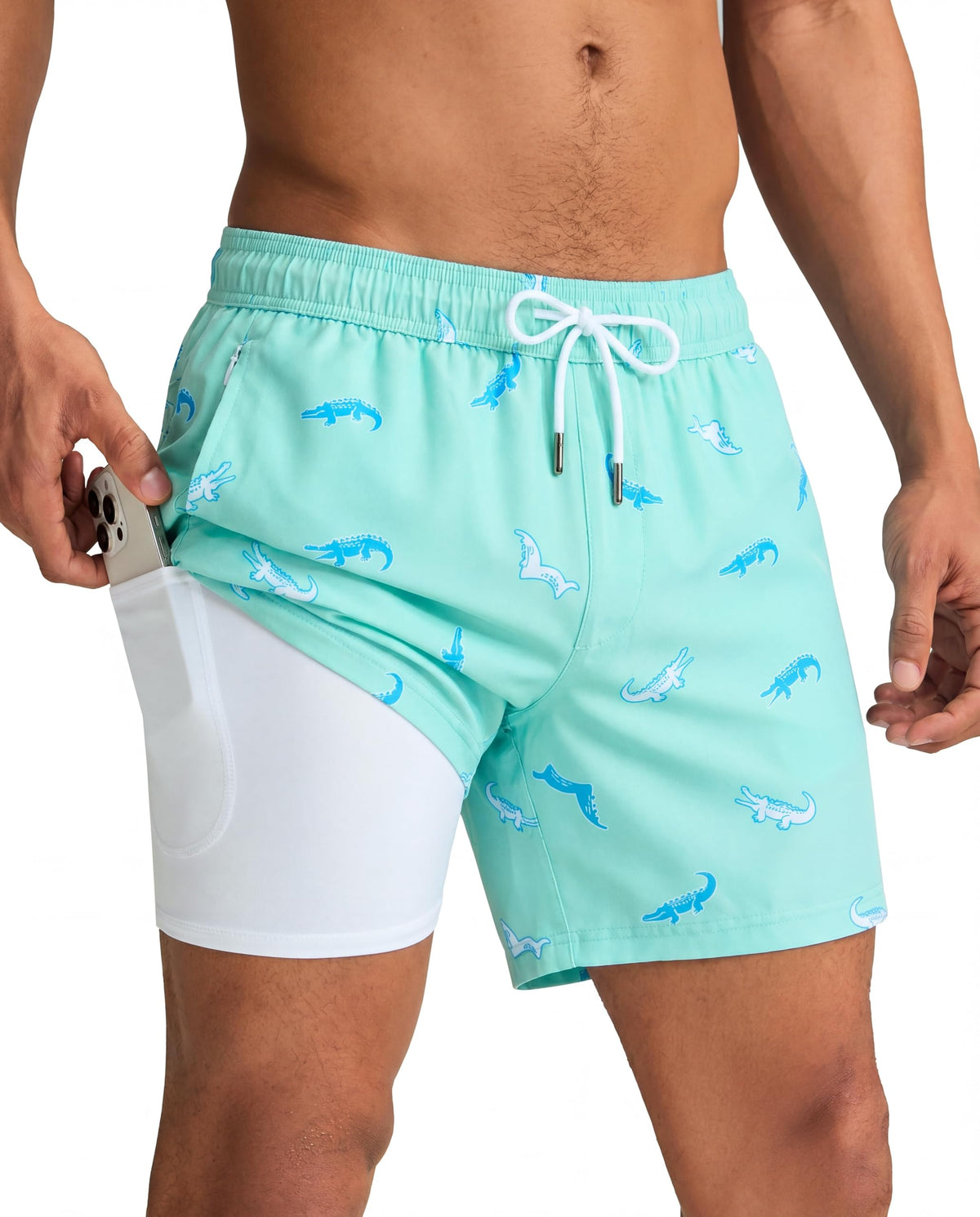 maamgic Mens Swim Trunks with Compression Liner 5 Inch, Quick Dry Bathing Suit with Zipper Pockets, Stretch No-Chafing Swim Shorts, Croc Mint Small