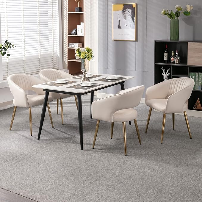 Modern Dining Chairs Set of 2, Upholstered PU Leather Gold Dining Room Chairs with Hollow Back, Accent Armrest Kitchen Chairs with Gold Legs for Living Room Cream