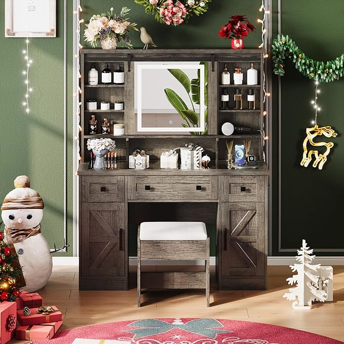 Farmhouse Makeup Vanity Desk with Sliding Mirror and Lights, 47'' Glass Tabletop Vanity Table with Charging Station, Large Vanity Set with Drawers, Stool, Barn Door Dressing Cabinets, Gray