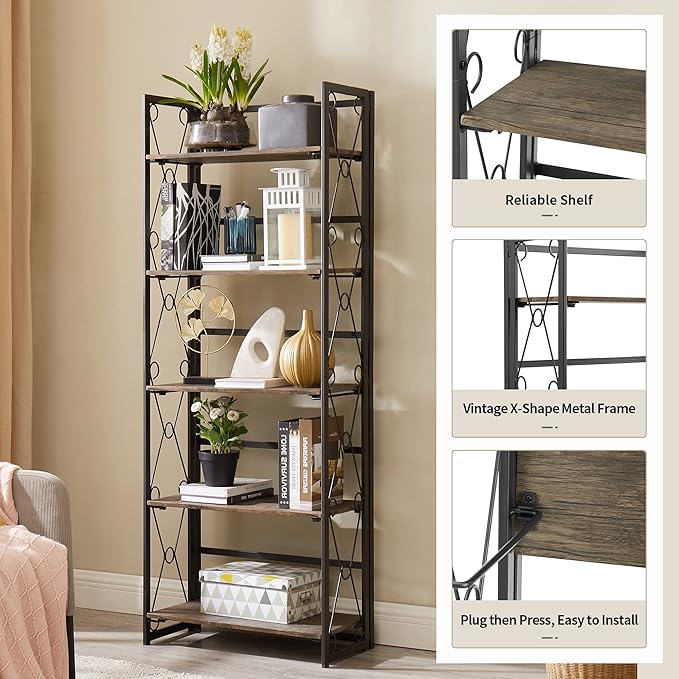VECELO Folding Bookshelf, 5-Tier Bookcase Foldable, Industrial Tall Book Shelf Storage Organizer with Collapsible Metal Frame for Living Room/Home Office,Rustic Brown,1 Set