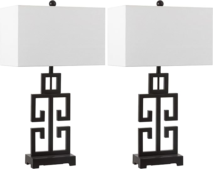 SAFAVIEH Lighting Collection – Greek Key Table Lamp Set of 2 – Oil-Rubbed Bronze Base with White Fabric Shade, LED Bulbs Included, 29-Inch Bedroom Living Room Desk Lamps (LIT4305B-SET2)