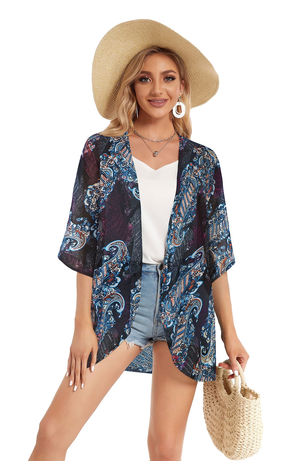 Summer Kimono Cardigan for Women Sheer Light Tops Casual Open Front Swimwear Shirts Beach Cover ups (Boho Purple,XL)