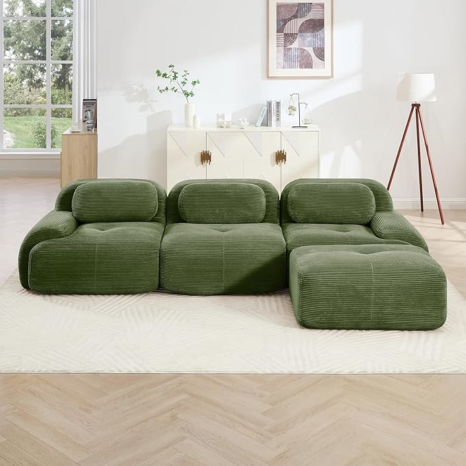 116" Modern Compressed Boneless Couch with Ottoman, 3 Seater Large L Shaped Sectional Couches for Living Room, Green Corduroy Cloud Modular Sectional Sofa, Memory Foam, Extra Deep, No Assembly