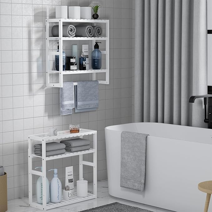 PPN Towel Rack Bathroom Storage Shelves Over The Toilet with Towel Bar 100% Bamboo Adjustable Height Floating Shelf Wall Shower Shelf for Small Space Bathroom Kitchen Multi Usage (White-1Pack)