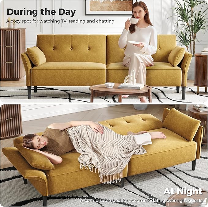 89” Futon Sofa Bed, Comfy Futon Couch Bed with 2 Square Pillows,Convertible Sleeper Sofa with Adjustable Backrest& Armrests, Modern Loveseat Sleeper for Living Room,Velvet Fabric Yellow