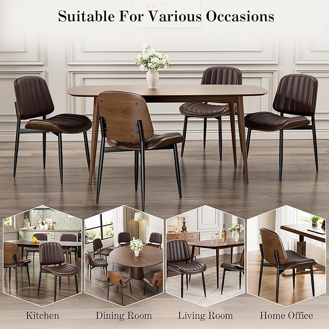 Dining Chairs Set of 6, Mid-Century Modern Upholstered PU Leather Chairs with Walnut Bentwood Back and Metal Legs Adjustable Feet for Kitchen Dining Living Room, Dark Brown Vertical Stripes