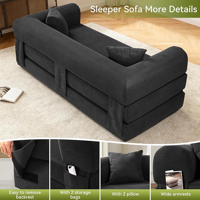 Convertible Folding Sofa Bed,80" Pull Out Couch with Pillows & Storage Pocket,Modular Futon Bed Corduroy Queen Sleeper Sofa in a Box,Compression Boneless Couch for Living Room,Deep Gray