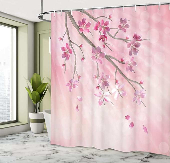 Ambesonne Nature Shower Curtain, Illustration of Spring Tree Branch with Blossoms Sun Beams on Blurred Background, Cloth Fabric Bathroom Decor Set with Hooks, 69" W x 75" L, Pink Fuchsia