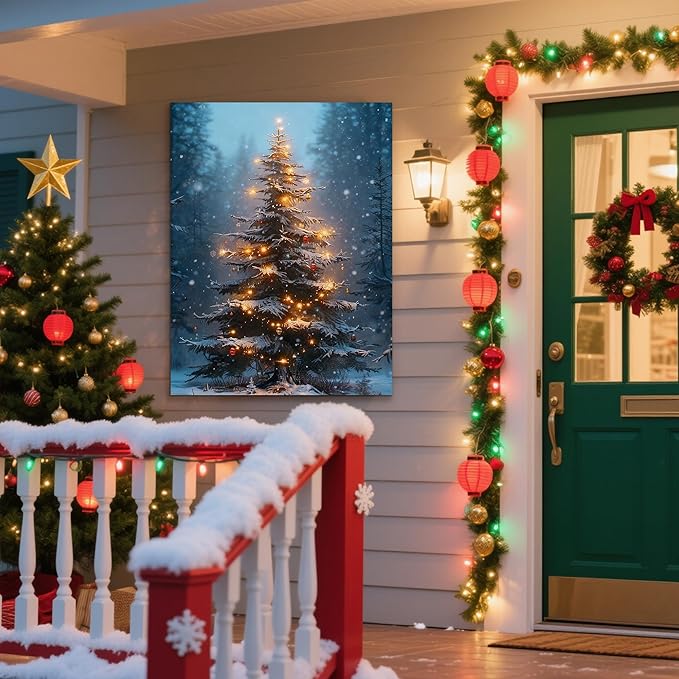 Framed Christmas Pictures Wall Decor,Vintage Pine Tree Prints,Winter Christmas Canvas Wall Art Decoration for Bedroom Bathroom Living Room Rustic Xmas Holiday Gifts (Christmas Tree 3, 20'' X 32'')