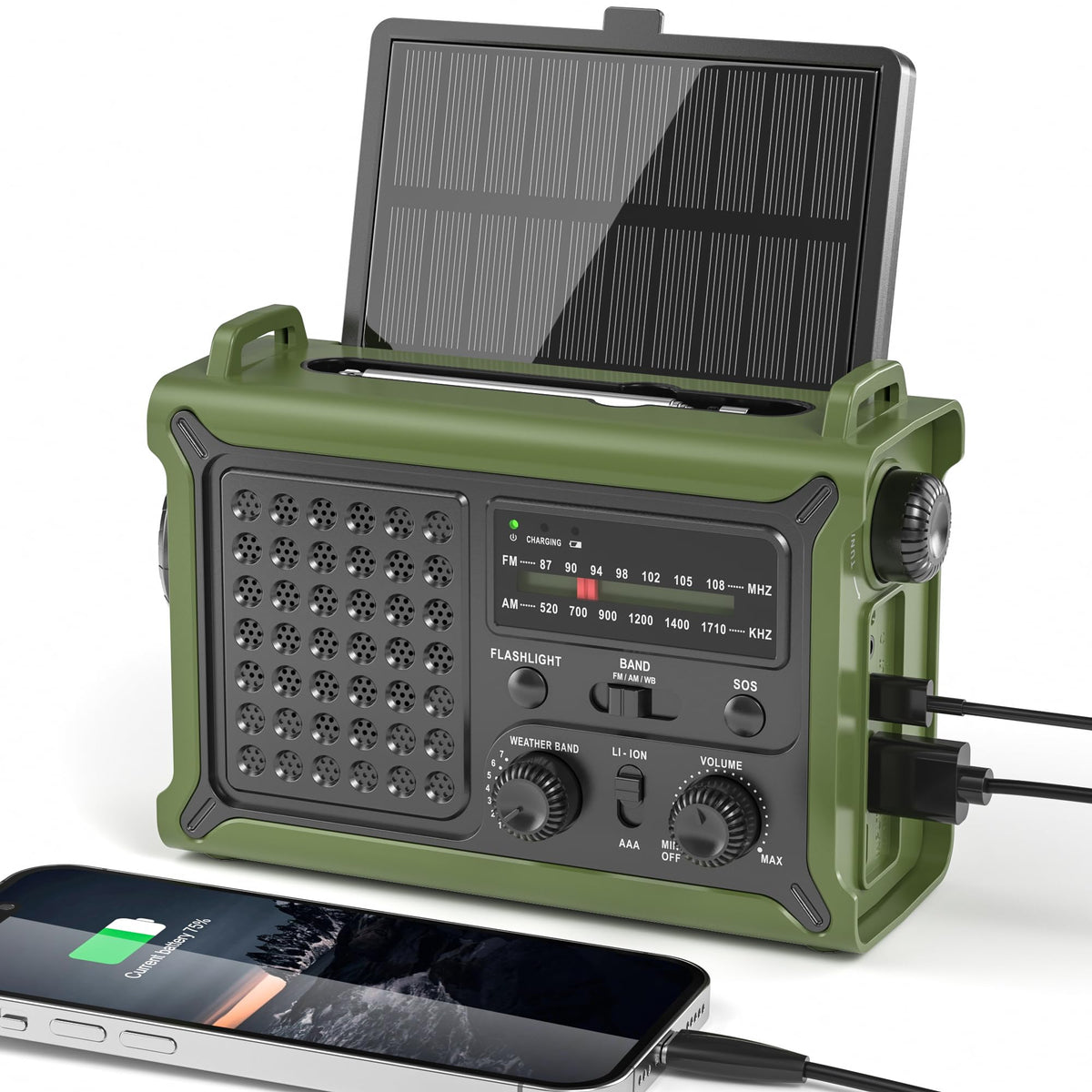 Solar Radio Emergency Hand Crank 12000mAh with Clear Signal, AM FM NOAA Weather Radio Battery Operated with 2-Mode LED Flashlight Cell Phone Charger Dual Outputs SOS