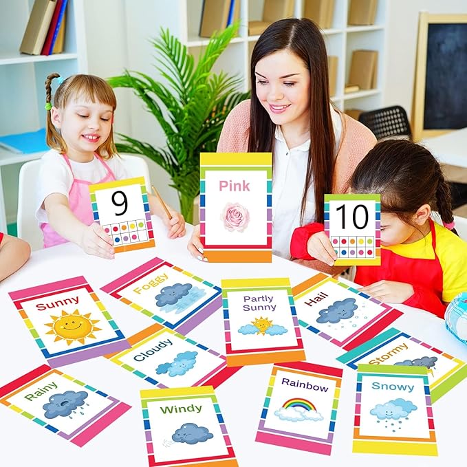 67 PCS Classroom Alphabet Number Educational Poster Cards with Weather Shape Color Learning Cards Decorations, Colorful Rainbow Bulletin Board Letter, School Home Wall Decor for Teacher