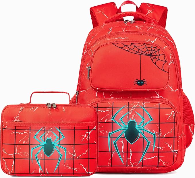 Boys Backpack with Lunch Box Glow in Dark Bookbag Kids Ages 4-12 Kindergarten Elementary School Spider Backpack, Luminous Spider Red