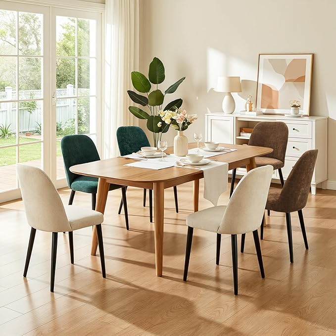 Upholstered Dining Chairs Set of 2, Mid Century Modern Fabric Dining Room Chair High-Back Padded Kitchen Chairs with Padded Seat and Metal Legs for Kitchen Dining Room Restaurant Cafe, Beige