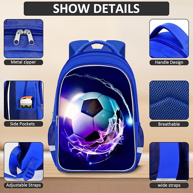 School Backpack for Boys - 4pcs Soccer Boys Backpack with Lunch Box and Pencil Case for Kids Children Teens Elementary Middle School - Students Bag for Ages 6-18,17″Bookbag Travel Back Pack