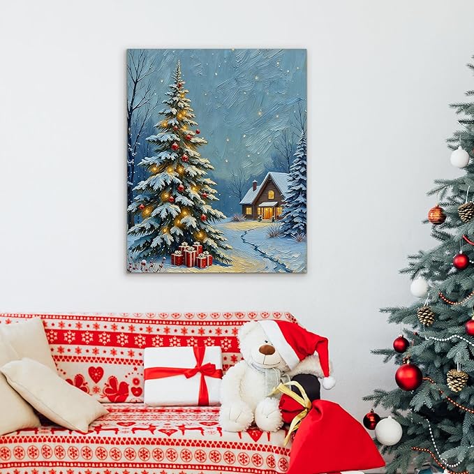 Framed Christmas Pictures Wall Decor,Vintage Pine Tree Prints,Winter Christmas Canvas Wall Art Decoration for Bedroom Bathroom Living Room Rustic Xmas Holiday Gifts (Christmas Tree 20, 11'' X 14'')