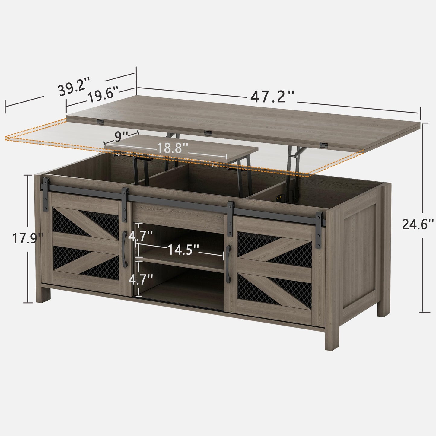 47.2" Lift Top Coffee Table, 4 in 1 Farmhouse Coffee Table with Storage and Sliding Barn Doors, Coffee Tables for Living Room, Dining Room (Grey)