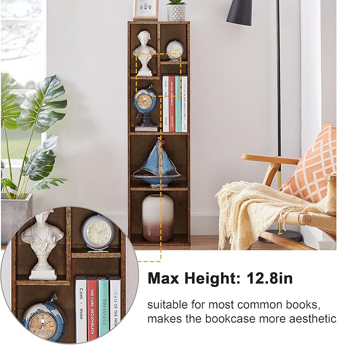 VECELO Small Bookshelf, 5 Cube Slim Bookcase, Fits Tallest Hardcovers, Horizontal Available, Modern Floor Standing Unit, Each Shelf Hold Up to 66 LBS,Brown