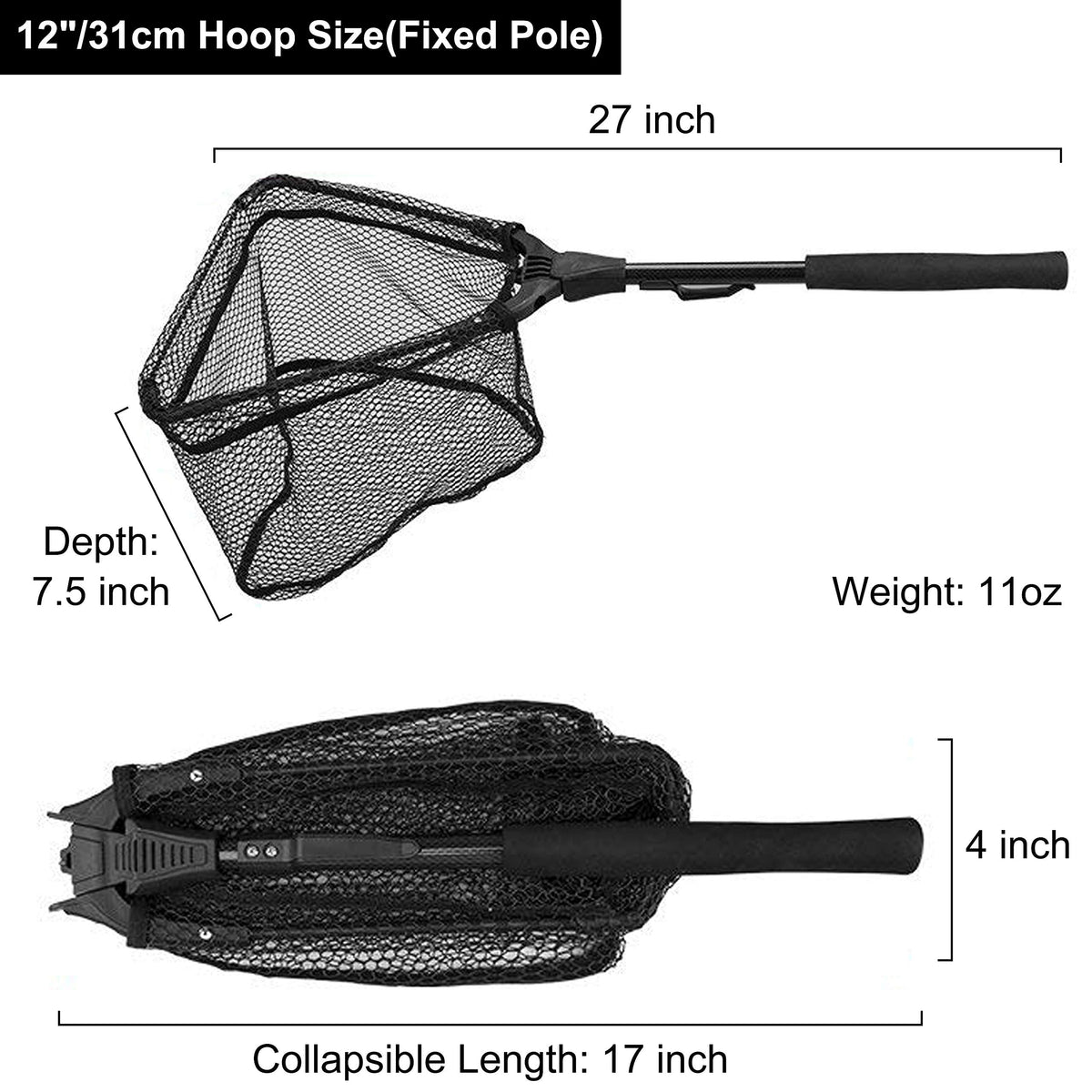 PLUSINNO Fishing Net Fish Floating Landing Net, Kayak Nets with Fixed Foldable Telescopic Pole Handle,Bass Trout Fishing Nets with Nylon Mesh for Pond Lake River,Fishing Gear Gifts for Men,Black 0.8M