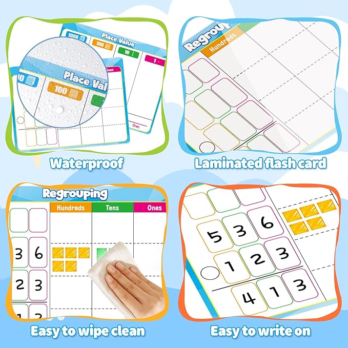 12 Pack Place Value Dry Erase Flash Cards Chart, 9" x 12" Base Ten Addition and Subtraction Math Manipulatives 1st 2nd 3rd Grade Classroom Must Haves Teacher Homeschool Supplies Essential