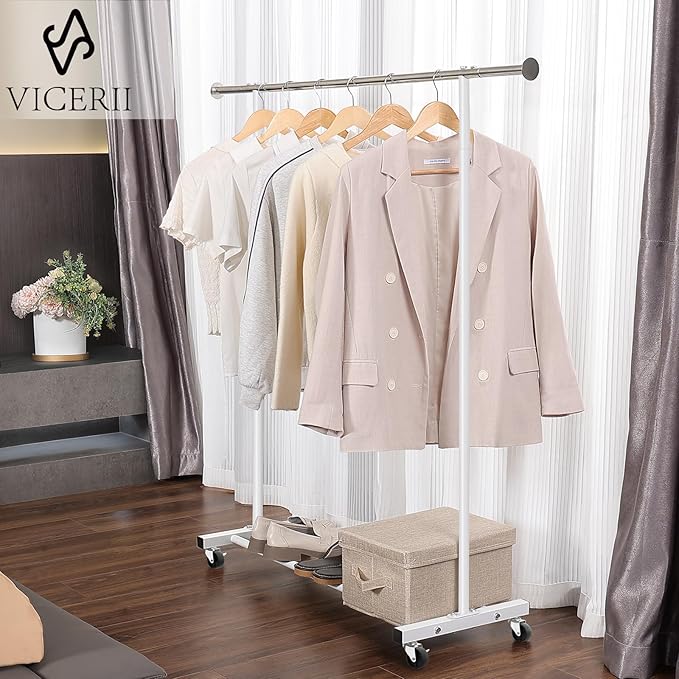 VICERII Clothes Rack, 130LB Capacity Heavy Duty Clothing Rack with Wheels and Bottom Shelf, 52.17 Inch Rolling Racks for Hanging Clothes, Coats, Shirts, Sweaters, Skirts, Dress, White