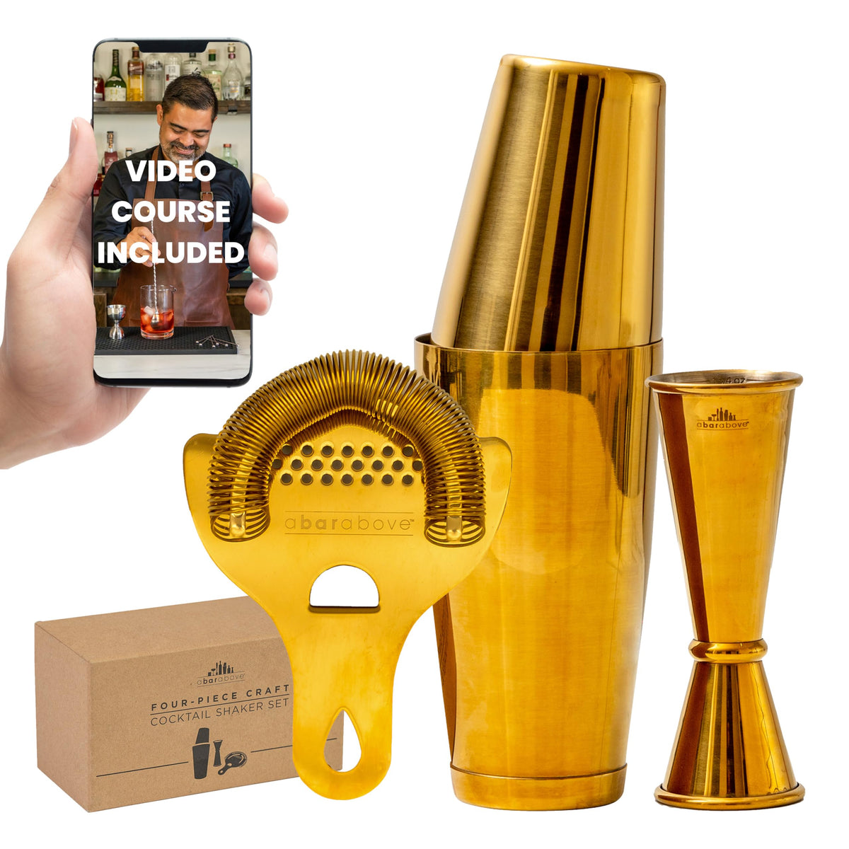 A Bar Above 4 Piece Cocktail Shaker Set, Bartender Kit, Antique Copper