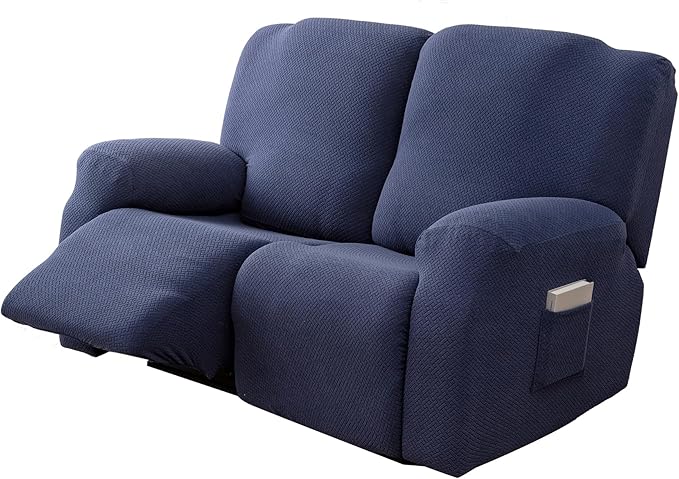 Genina Recliner Loveseat Covers, Stretch Reclining Sofa Covers, 2 Seater Couch Cushion Stripe Jacquard Recliner Slipcovers - Furniture Protector Covers for Pet Kid (Navy Blue)