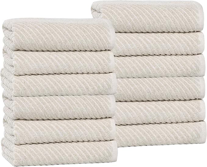 Superior Amelia Viscose Cotton Blend Medium Weight Small Towels, for Kitchen, Bathroom, Shower, Spa, Plush, Quick Dry, Ultra-Soft Essentials, Ribbed Design, Face Towels Washcloths, Set of 12, Beige