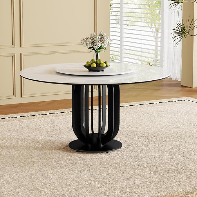 59" Round Modern Marble Dining Table with Lazy Susan, Sintered Stone Top for Kitchen, Dining Room, Dinette, Space Saving Design
