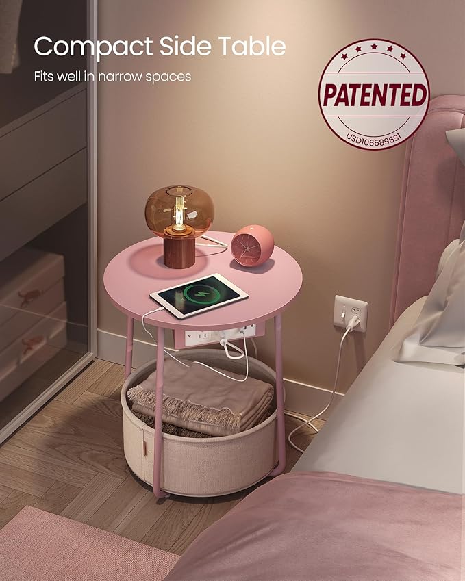 VASAGLE LILEA Collection - Side Table with Charging Station, Round End Table with Fabric Basket, Nightstand with USB Ports, for Living Room, Bedroom, Modern, Jelly Pink and Cream White ULET228R01