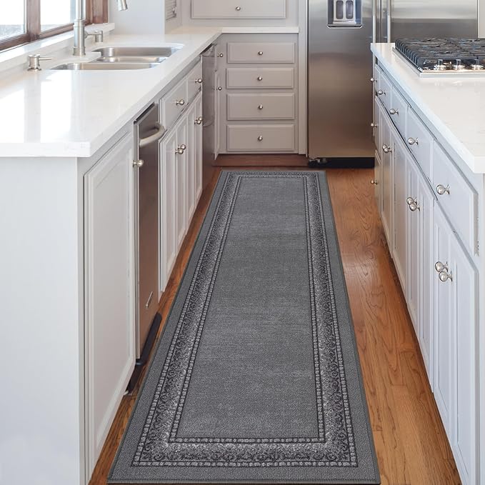 Antep Rugs Alfombras Bordered Modern 2x10 Non-Slip (Non-Skid) Low Pile Rubber Backing Indoor Area Runner Rug (Gray, 2' x 10')