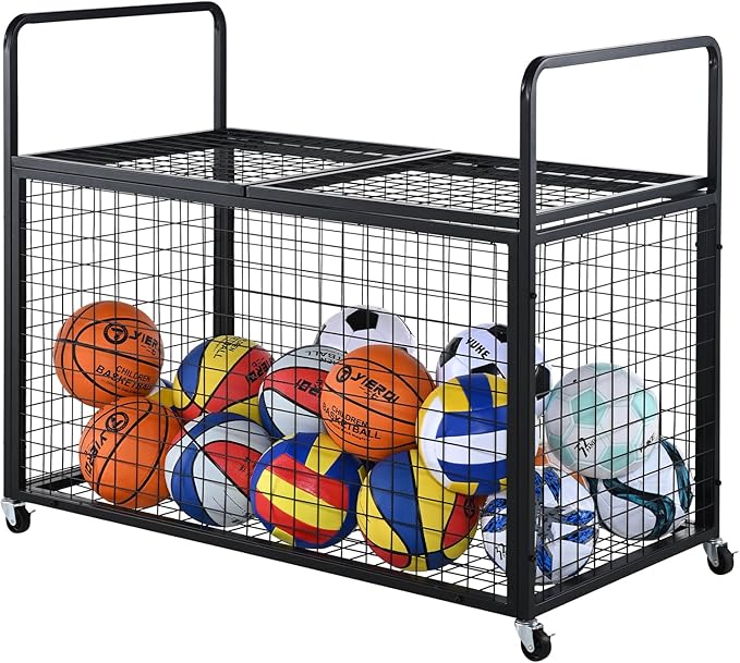 VEVOR Rolling Sports Ball Storage Cart, Lockable Basketball Cage with Double Lids, Sport Equipment Holder Organizer for Indoor Outdoor, Steel Storage Rack for Garages, Playgroup, Gym and Schools