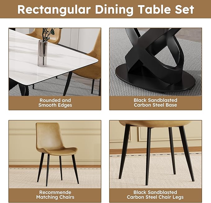 71" Modern Marble Dining Table with 8 Chairs, Sintered Stone Top for Kitchen, Dining Room, Dinette, Space Saving Design