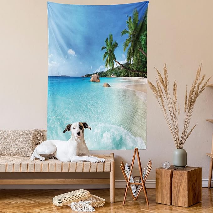 Ambesonne Ocean Tapestry Twin Size, Anse Lazio Beach at Praslin Island Surfing Beach Scenic View Travel, Wall Hanging Bedspread Bed Cover Wall Decor, 68" X 88", Blue and Turquoise