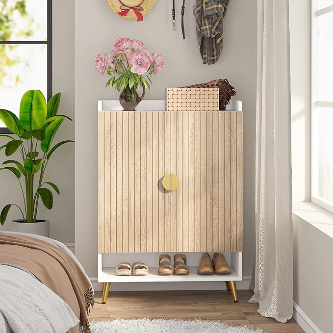 Tribesigns Shoe Cabinet with Doors, 7-Tier Shoe Storage Cabinet with Adjustable Shelves, Wooden Shoes Rack Shoe Storage Organizer for Entryway, Hallway, Closet, Living Room, Wood and Gold
