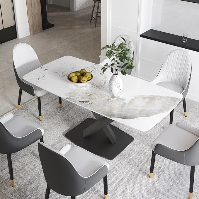 Modern Rectangle Marble Dining Table,71" Antique White Marble Sintered Stone Top Dining Table,Rectangle Dining Room Table with X-Shape Carbon Steel Pedestal Table for Kitchen/Living Room(Table Only)