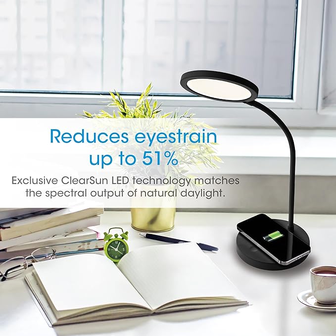 OttLite Good Housekeeping Circular LED Desk Lamp with Wireless Charging - Designed to Reduce Eyestrain - Adjustable Neck, 3 Color Modes - Crafting, Office Work, Reading & Studying