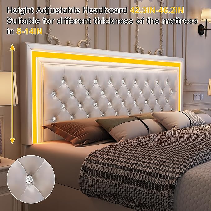 Queen Led Bed Frame with 4 Storage Drawers, Bed Frame with Led Lights No Box Spring Needed, 900 lbs Capacity, Easy Assembly, PU White