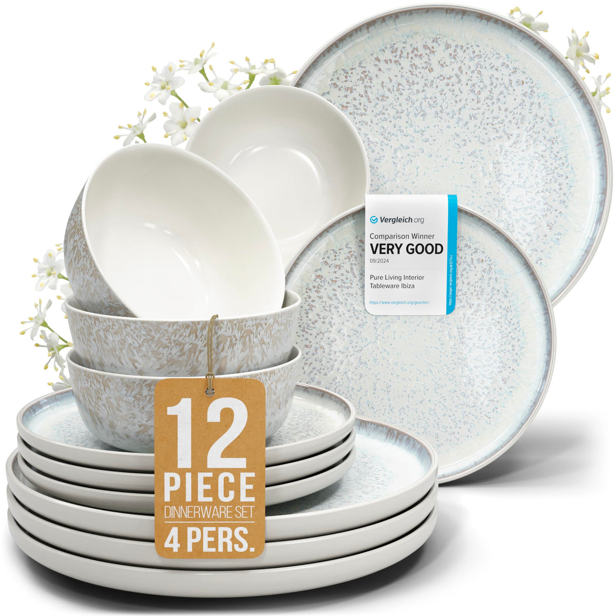 24 Piece Stoneware Dinnerware Set for 8, Handmade Plates and Bowls Set