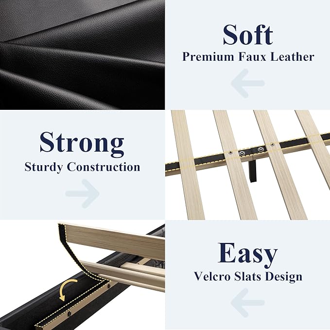 Allewie Queen Bed Frame with Adjustable Headboard, Faux Leather Platform Bed with Wood Slats, Heavy Duty Mattress Foundation, No Box Spring Needed, Noise-Free, Easy Assembly, Black