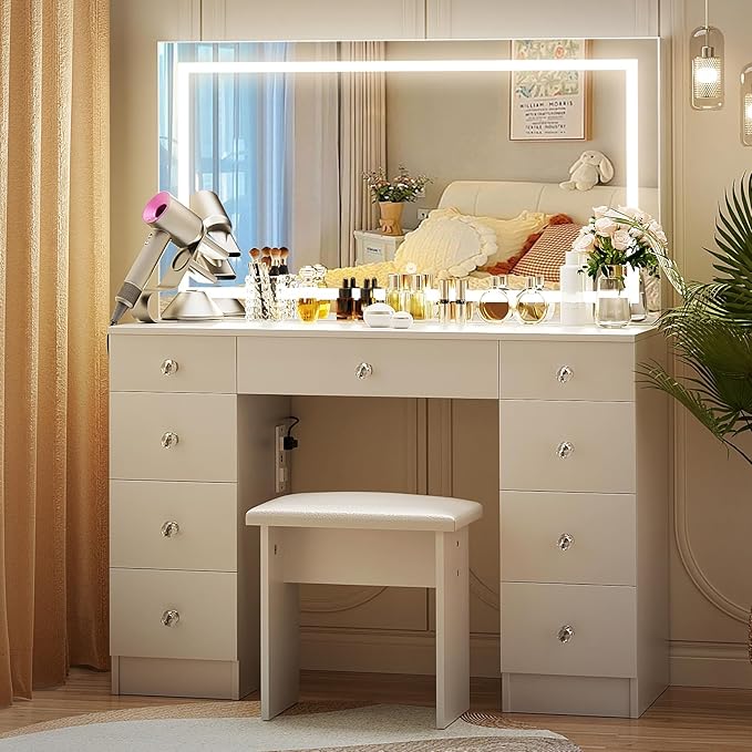 VOWNER Vanity With Lighted Mirror - Makeup Desk With Power Outlet and 9 Drawers, 3 Color Lighting Modes Adjustable Brightness, 43" Table With Soft Cushioned Stool for Bedroom, White