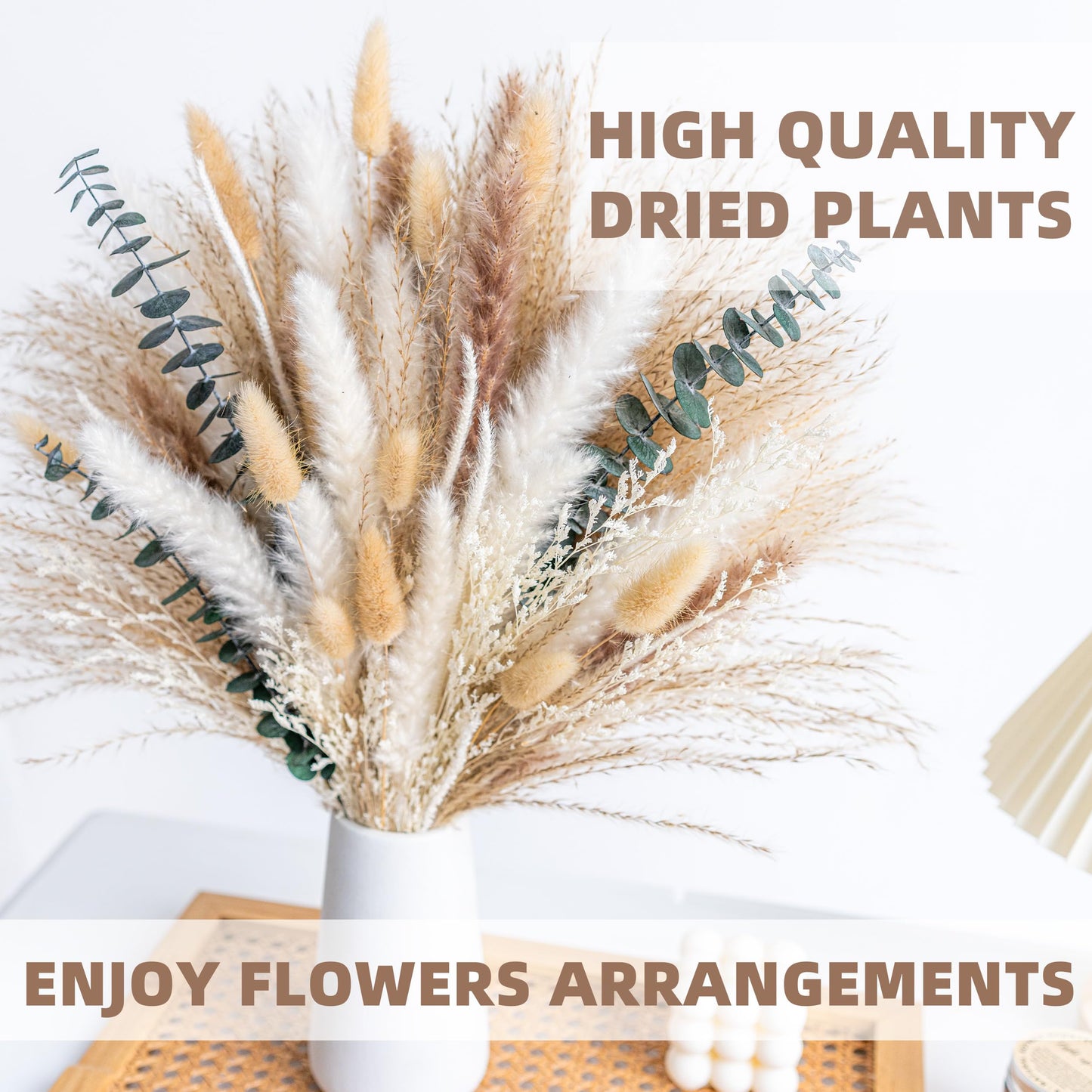 WILD AUTUMN Pampas Grass Decor Natural Dried Pampas Boho Home Decor Bouquet Dried Flowers Eucalyptus Bouquet for Wedding Floral Arrangements Table Decor Rustic Farmhouse (White&Green)