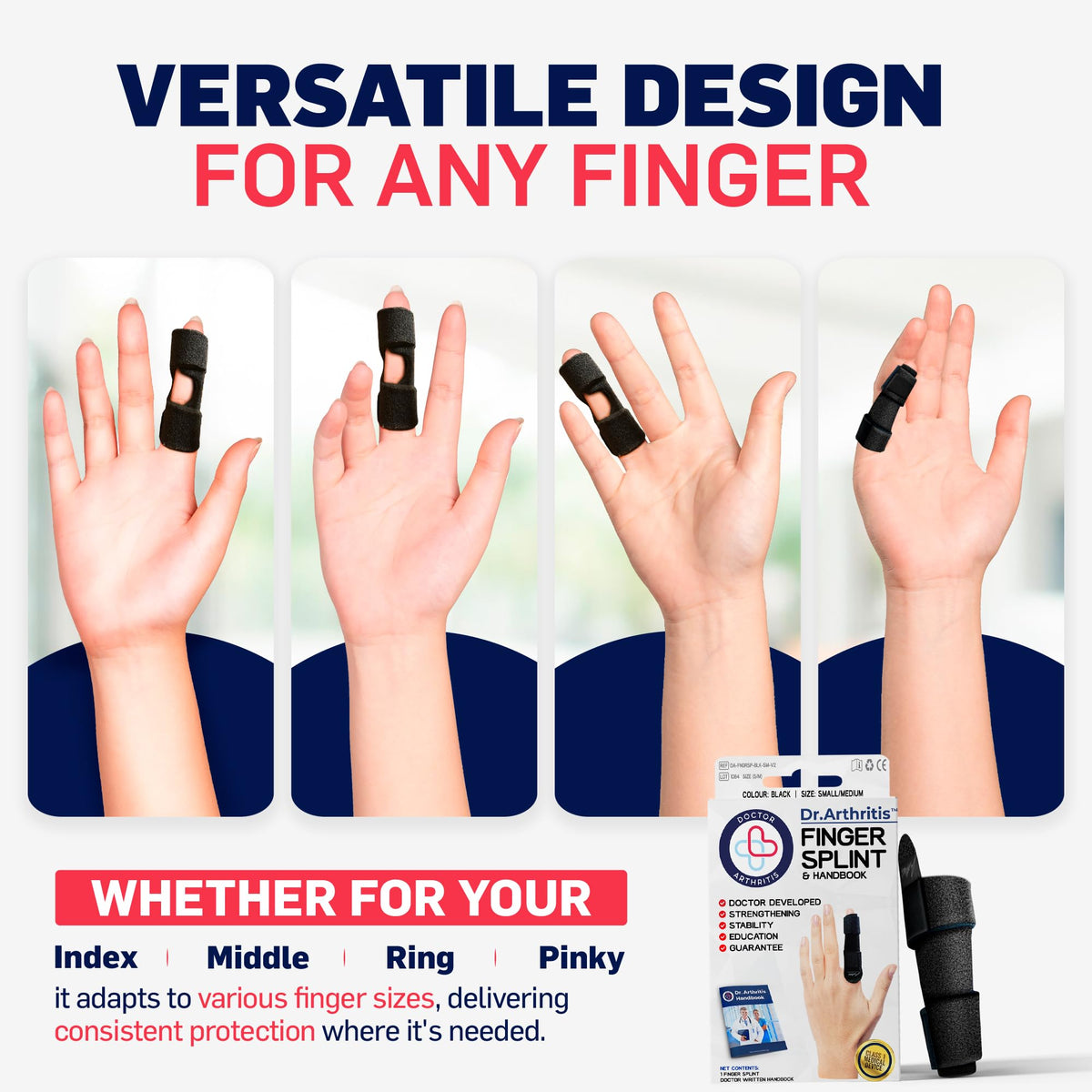 Finger Splint Brace (2 Pack) for Trigger Finger, Finger Arthritis & Finger Pain Relief – Adjustable Compression Finger Support for Sprains, Stiff Joints, Tendonitis & Injury Recovery, Fits Index, Middle, Ring, Pinky Fingers (Black, Regular)