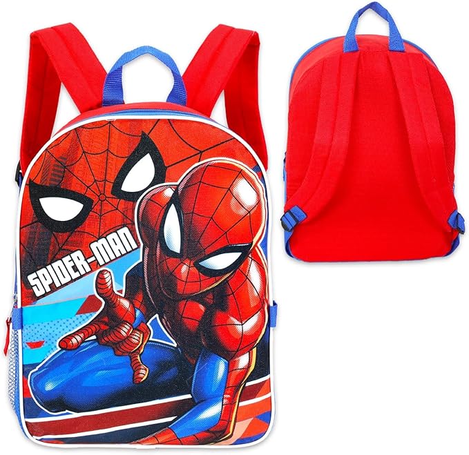 Marvel Spiderman Backpack with Lunch Box Set - 5 Pc Bundle of 15" School Bag for Kids, Lunch Bag, Stickers, More Spiderman School Supplies
