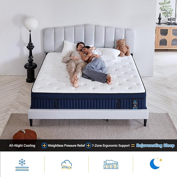 Suiforlun 14 Inch Cal King Mattress with Ice Silk Cover, Euro Top Hybrid Gel Memory Foam with 7-Zone Pocketed Coils, Medium Firm California King Size Mattress for Pressure Relief