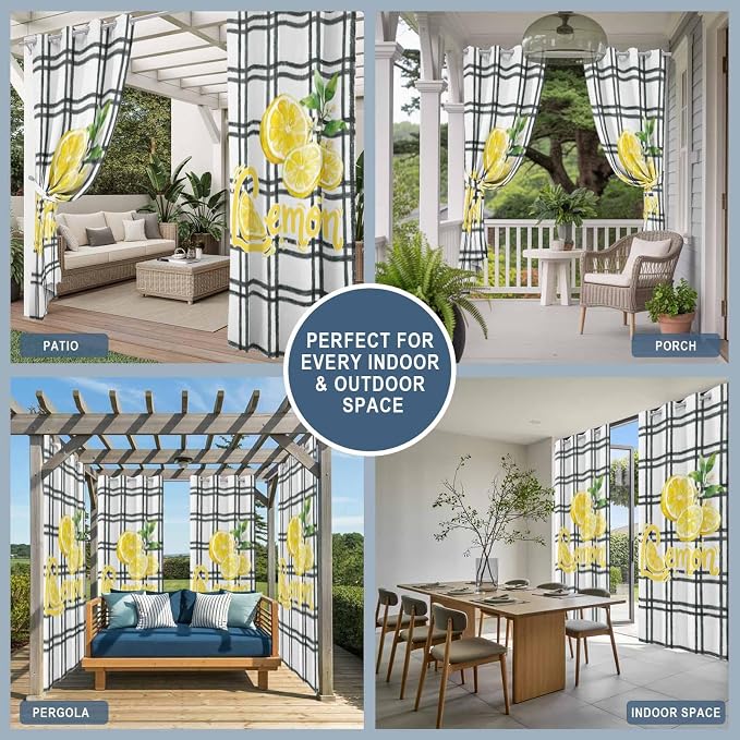 Lemon Outdoor Curtains for Patio Lemon Leaves Summer Plaid Buffalo Waterproof