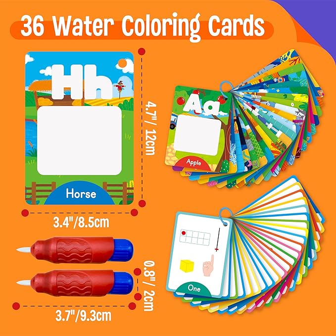 36 PCS Alphabet & Number Water Cards, Double-Sided Drawing Card- Letters ABC, Numbers 123, First Words, Early Learning Tool for Kids (2 Water Pens Included)
