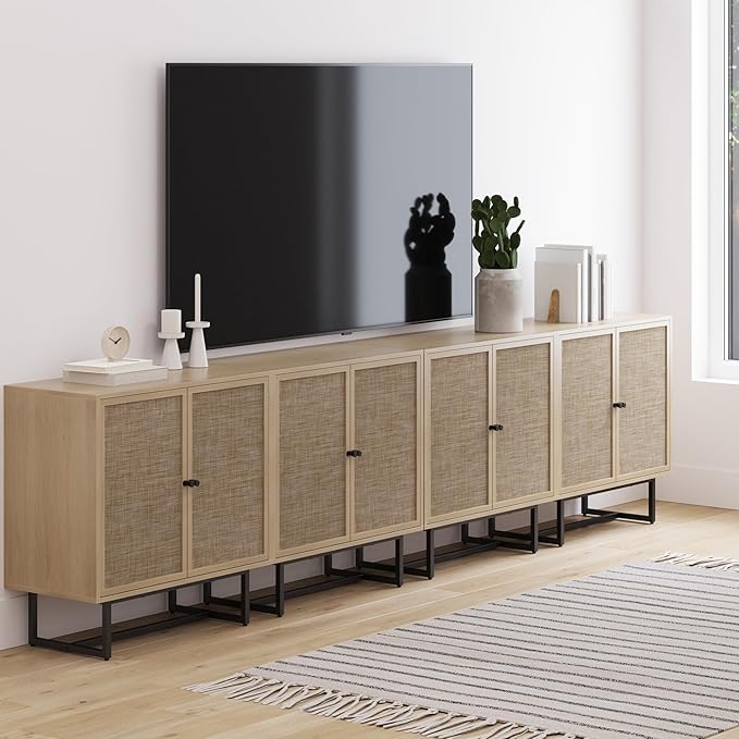 Nathan James Kova Rattan Wood Accent Sideboard Storage Cabinet TV Stand with Matte Metal Frame, Adjustable Shelves and Cane Doors, for Hallway, or Living Room, Light Oak/Cane/Black, Set of 4