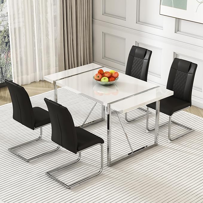 Modern Rectangular Dining Table Set, 55" Dinner Table with 4 PU Leather Upholstered Chairs for Kitchen or Dining Room