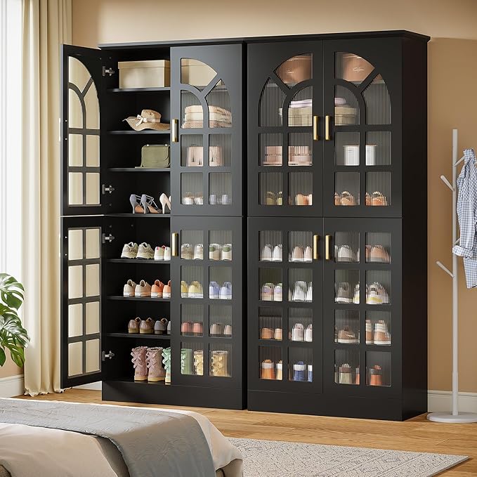 Tribesigns 69" Tall Shoe Cabinet with Doors and Led Light, 8-Tier Wooden Shoe Rack Organizer with Adjustable Shelves, Narrow Shoe Storage Cabinet for Entryway, Hallway, Living Room, Black (Set of 2)