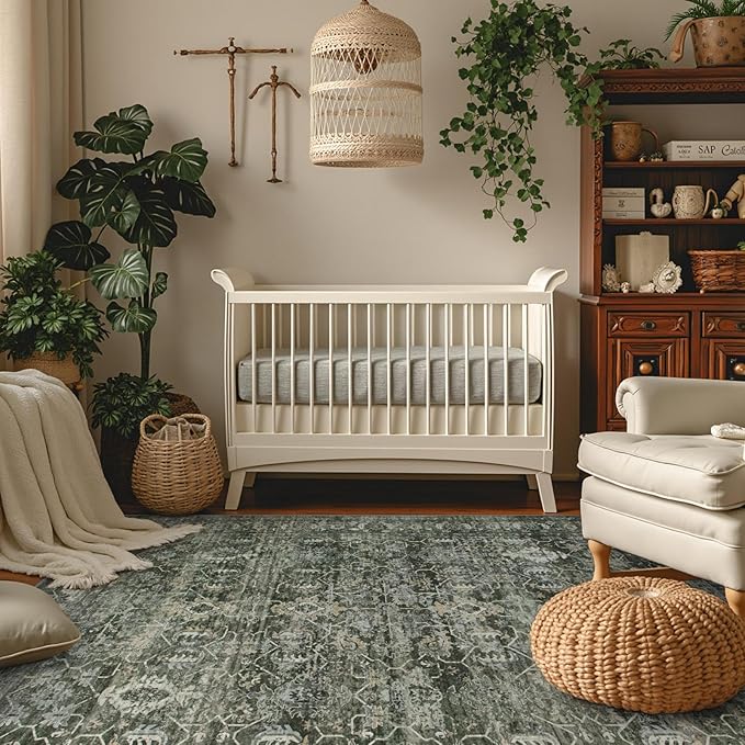 Lahome Boho Green Area Rugs 9x12 Living Room,Washable Large Rugs for Bedroom Aesthetic,Vintage Distressed Non Slip Low Pile Dining Room Rug Carpet for Home Office Playroom(9'x12',Green)